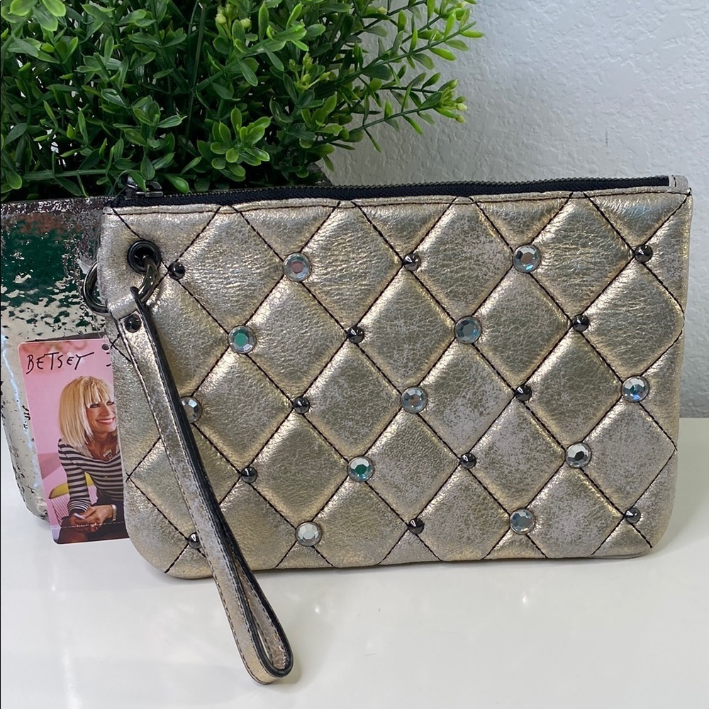 Betsey Johnson Glam Metallic Gold Studded Quilted Clutch Wristlet